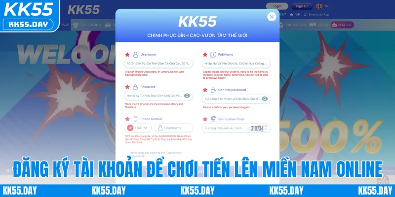 Đăng ký tài khoản KK55 để chơi tiến lên miền Nam online