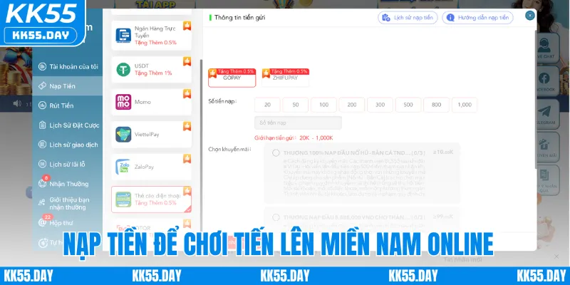 Nạp tiền để chơi tiến lên miền Nam online