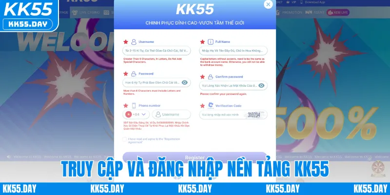 Truy cập và đăng nhập nền tảng KK55